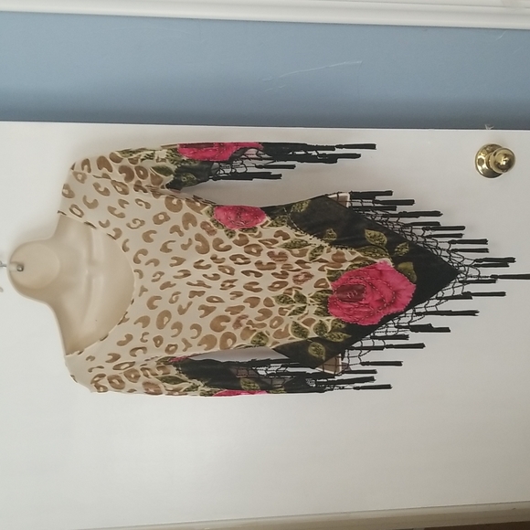 Vintage Velvet Beaded Fringe Top Leopard W Roses No Labels Size Small - Picture 5 of 5